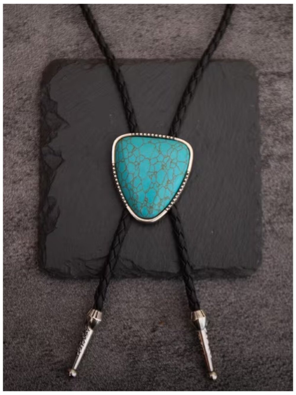 Southwestern Bolo Tie Turquoise Triangle Shape Black Rope Chain Unisex